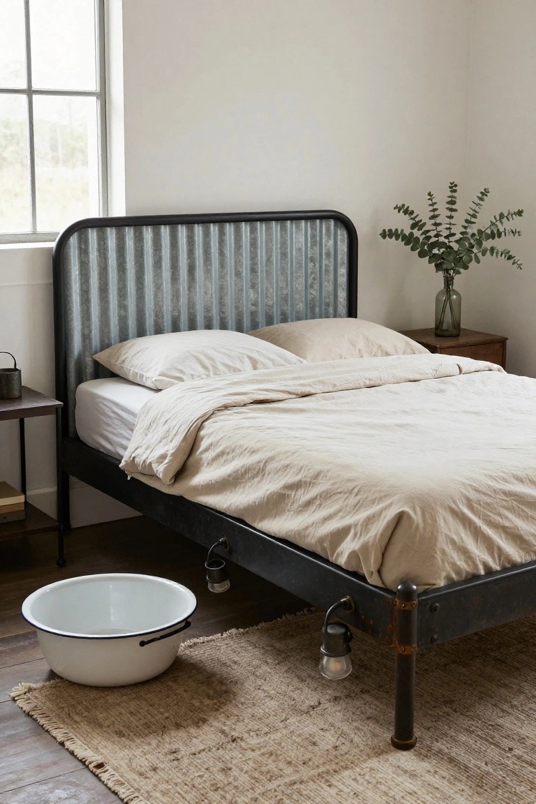 Bedroom with black metal bed frame and corrugated metal headboard, neutral beige bedding, wooden nightstand with lamp and eucalyptus vase, white enamel basin on seagrass rug, near window with natural light.