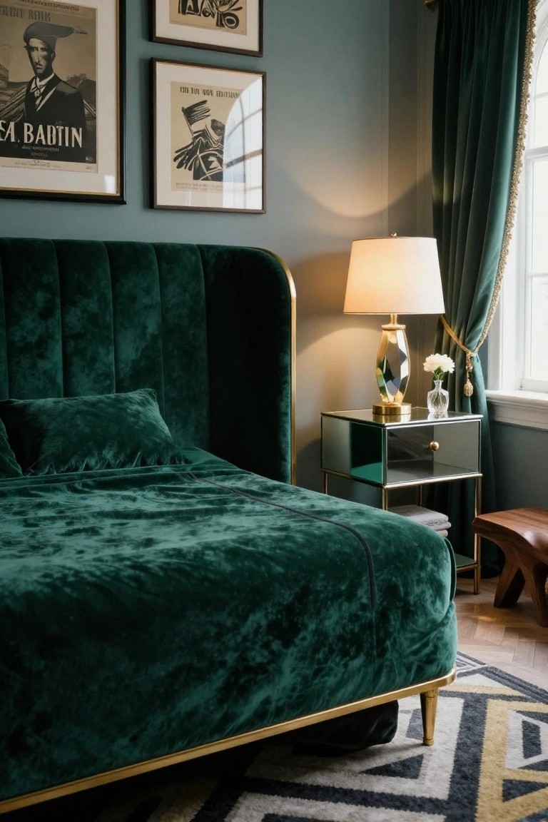 Bedroom interior featuring a tufted emerald green velvet upholstered headboard and bed frame with gold accents, matching green bedding, mirrored green nightstand with lamp and flowers, teal-gray walls with vintage posters, and emerald drapes over a window.
