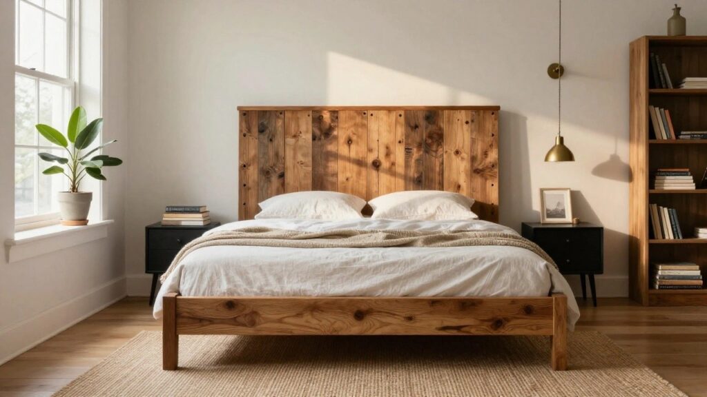 19 Unique Bed Board Designs That Add Instant Character Bedroom with a wooden bed frame and headboard made of horizontal rough-sawn planks, white bedding and pillows, knit throw, gold sconces on walls, potted plant, nightstand with stacked books and picture frame on hardwood floor.