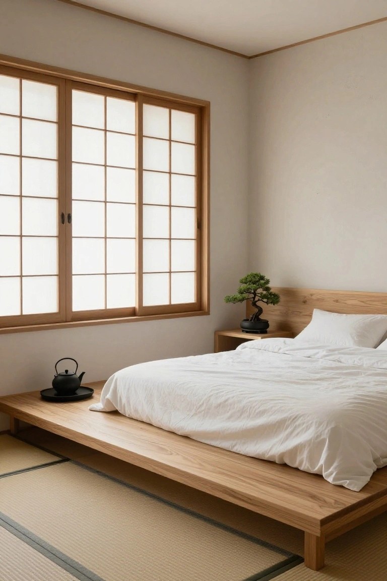 Minimalist bedroom with low wooden platform bed, oak headboard shelf holding bonsai tree on nightstand, shoji screen windows, tatami floor, and black teapot on wooden tray.