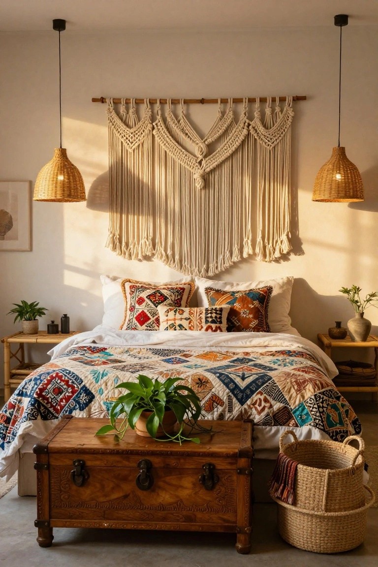 Bohemian bedroom with macramé wall hanging, patterned quilt, and woven lamps.