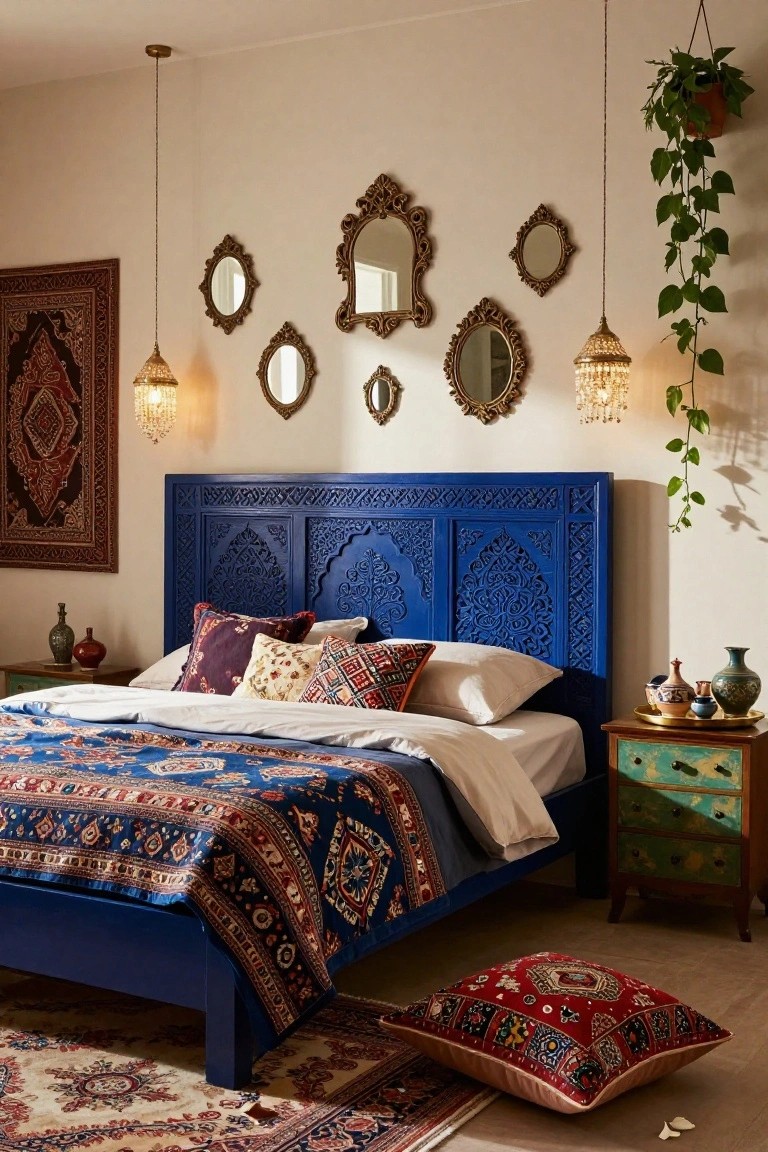 Bedroom interior with a tall blue intricately carved wooden headboard, colorful patterned bedding, multiple gold-framed mirrors on beige walls, hanging plants, brass lamps, and woven rugs on the floor.