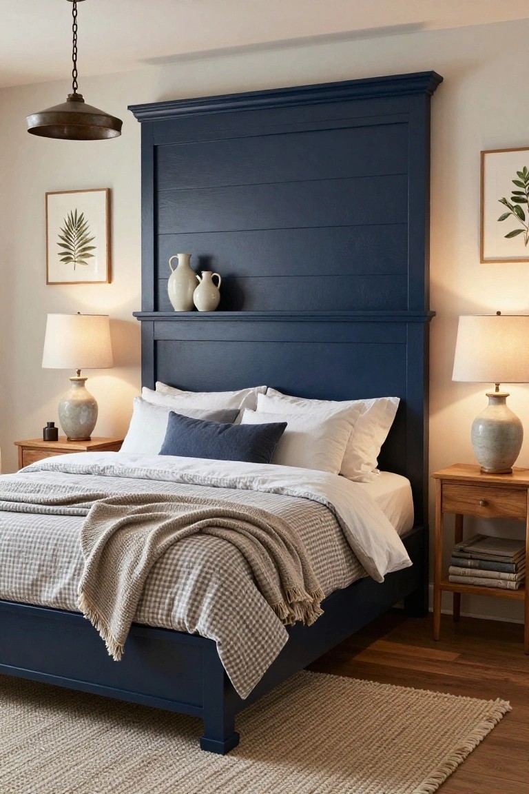 Bedroom interior with a tall navy blue vertically paneled headboard featuring a shelf holding two white vases, a bed with white sheets gray pillows and throw, two wood nightstands with ceramic lamps, and framed botanical prints on beige walls.