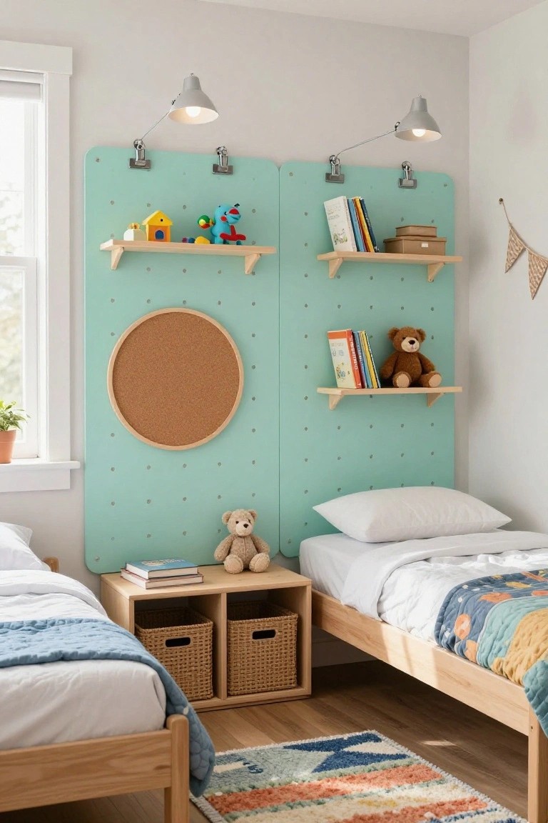 Two low wooden bunk beds in a bright children's bedroom, backed by a large teal pegboard headboard with attached wooden shelves holding toys, books, and baskets, plus a round corkboard and wall lamps.