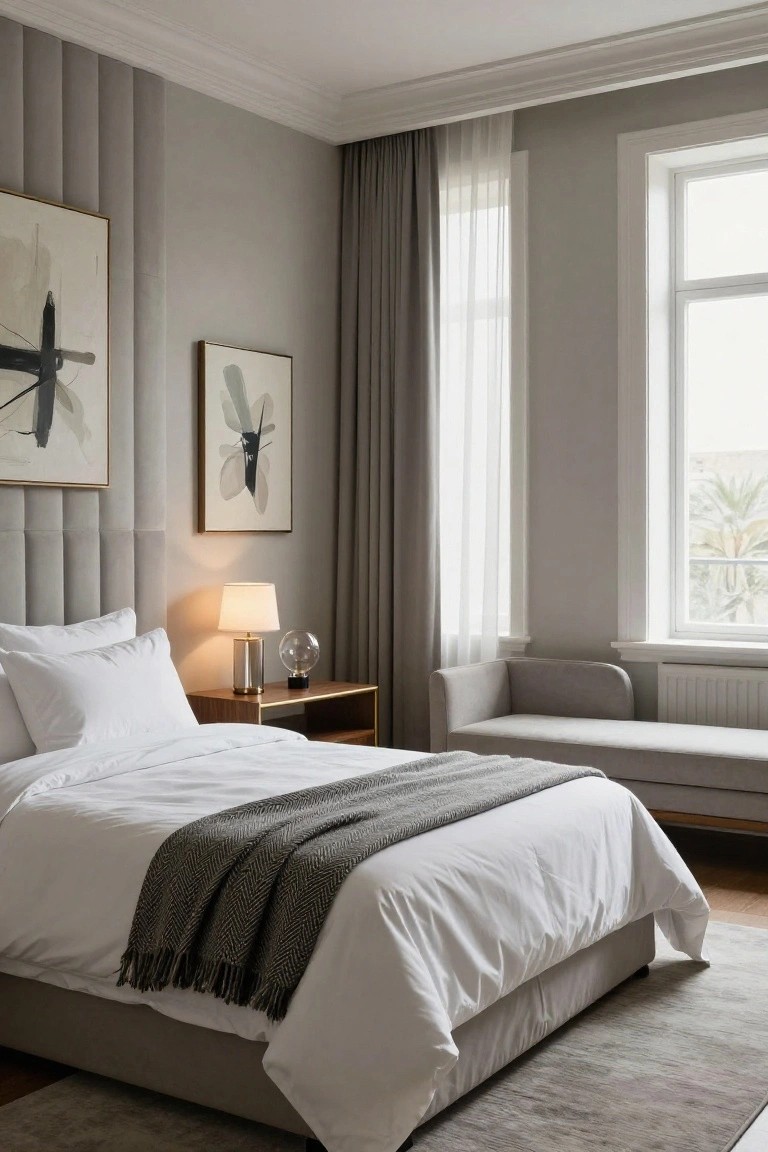 Gray upholstered headboard with vertical channels behind a white bed with gray throw, beside a wood nightstand with lamp and glass orb, in a light gray bedroom with sheer curtains and artwork.