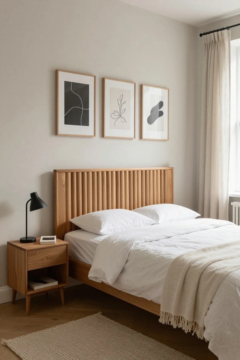 Bedroom with oak bed featuring vertical reeded headboard, white duvet and pillows, oak nightstand with black lamp and books, three framed abstract line drawings on beige wall, linen curtains, and beige rug on wood floor.