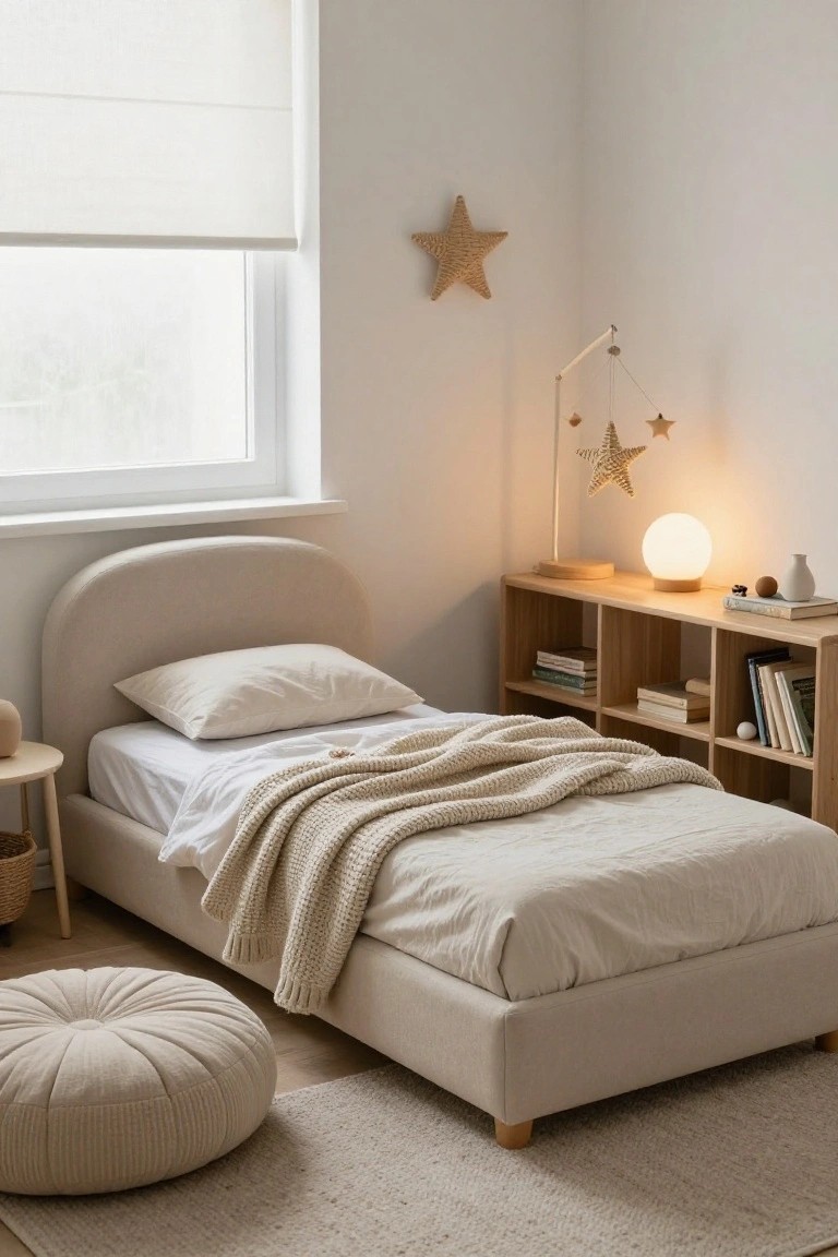 Beige upholstered bed with rounded headboard and white linens in a light child's bedroom featuring wooden bookshelf, lamp, and star decor.