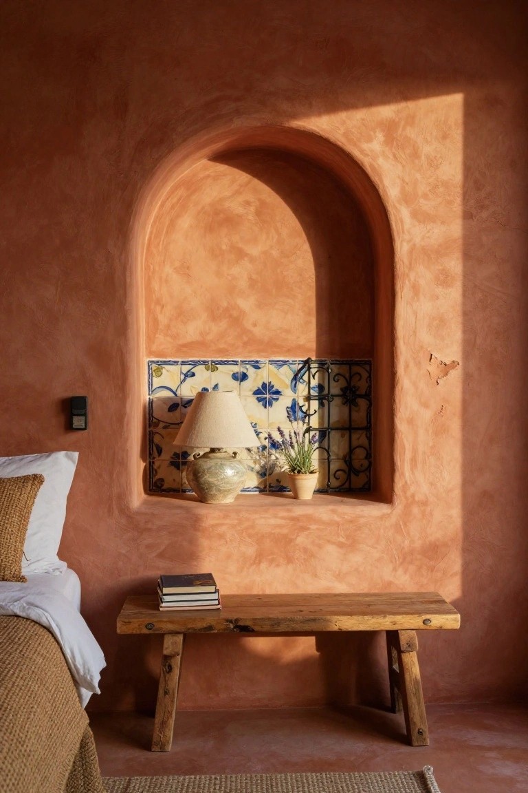Bedroom corner featuring a bed with white pillows and tan woven bedspread, rustic wooden bench at the foot, arched wall niche with blue and white tiles, ceramic vase, lamp, and plants against textured orange walls.