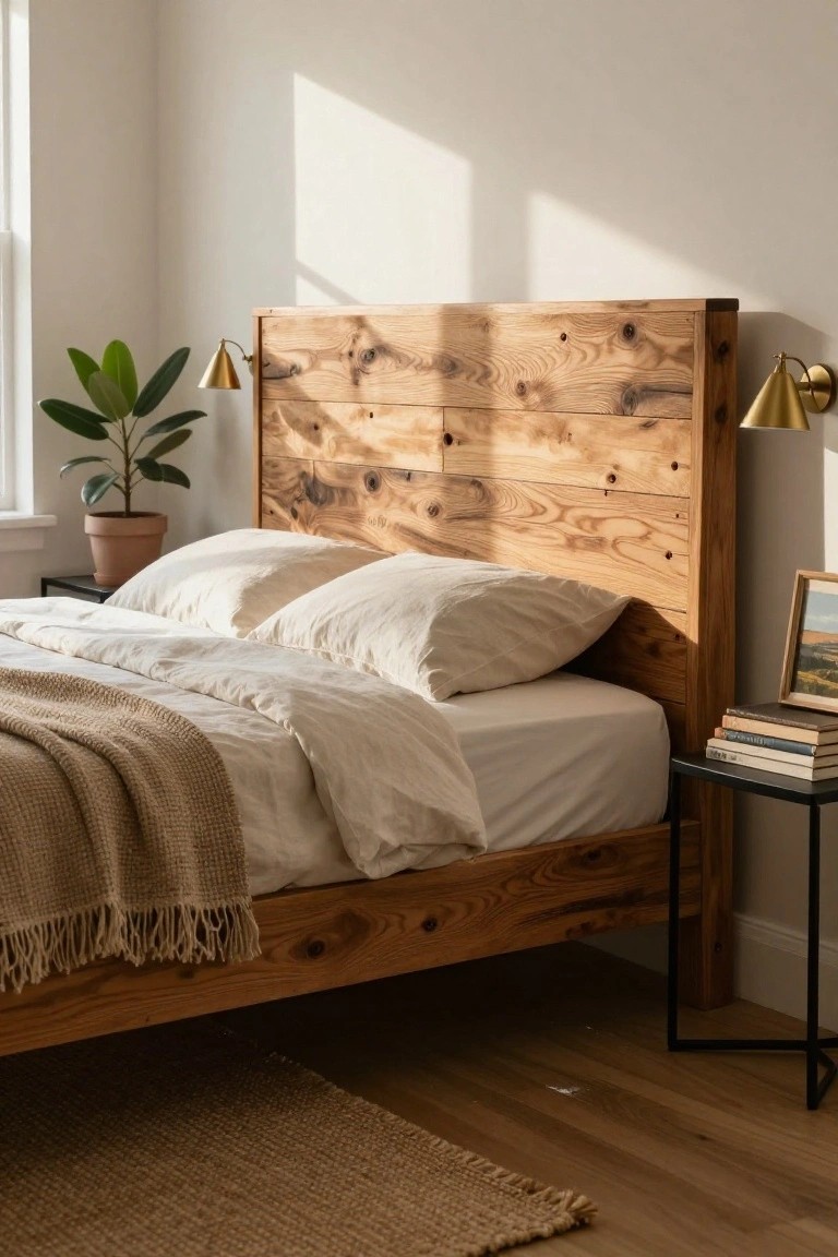 Bedroom with a wooden bed frame and headboard made of horizontal rough-sawn planks, white bedding and pillows, knit throw, gold sconces on walls, potted plant, nightstand with stacked books and picture frame on hardwood floor.