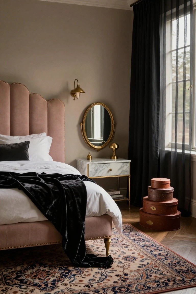 Bedroom corner with pink scalloped tufted upholstered headboard on bed draped in black velvet throw over white sheets, marble and gold nightstand with lamp, gold mirror, stacked red hatboxes, black sheer curtains on window, patterned rug on parquet floor.