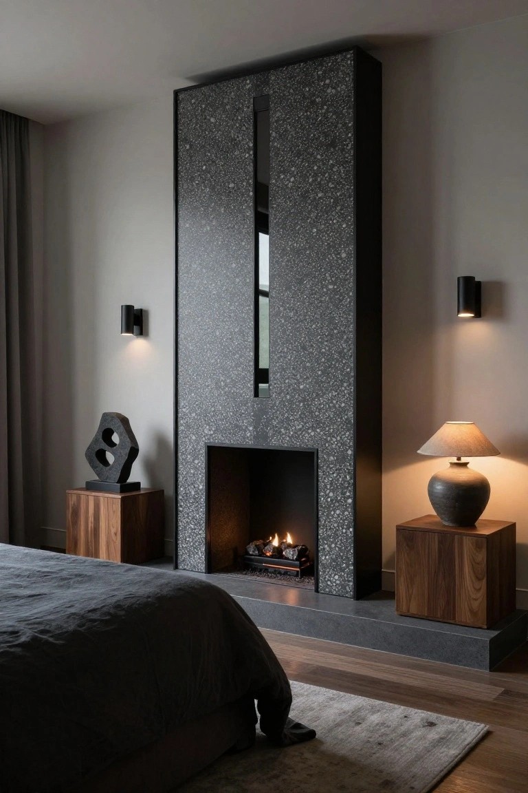 Modern bedroom with tall dark terrazzo-like stone fireplace wall behind low gray bed, wooden nightstands with black geometric sculpture and ceramic vase lamp, lit gas fire, black wall sconces, gray curtains, hardwood floor, and area rug.