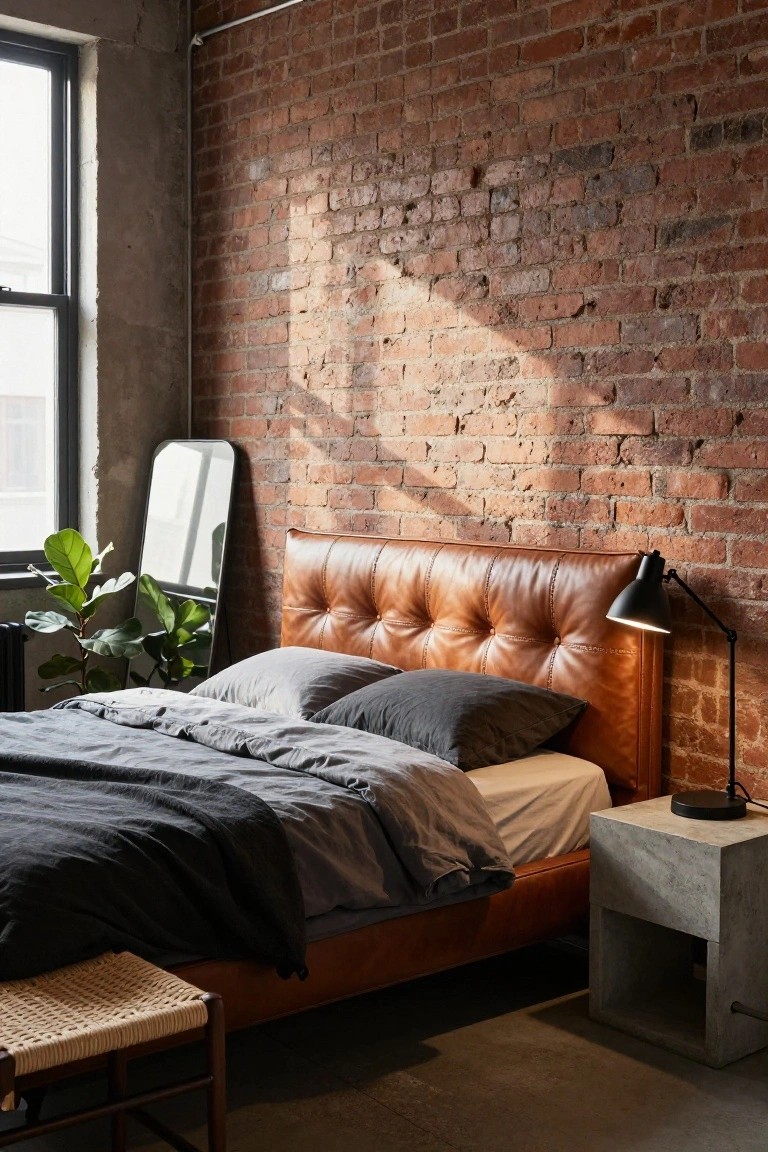 Bedroom interior with tufted brown leather headboard against exposed brick wall, gray bedding on bed, monstera plant, slim full-length mirror, black desk lamp on concrete nightstand, and rattan stool.