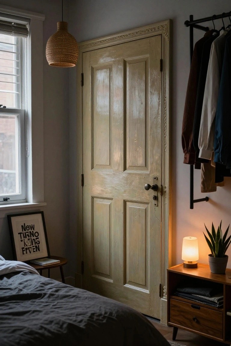 Bedroom corner with low gray bed, mid-century nightstand holding lamp, plant, and books, poster frame, and tall pale yellow-green paneled wooden door with black wall-mounted rack holding assorted clothes.