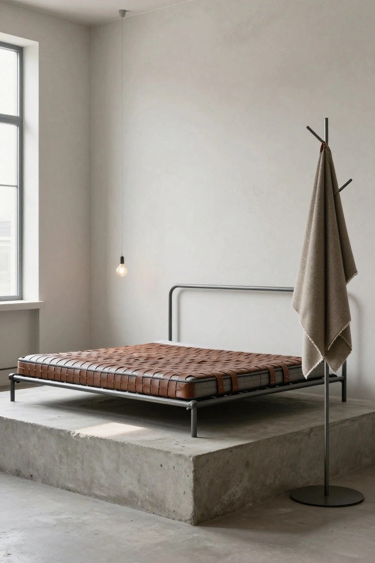 Minimalist bedroom interior with a raised metal bed frame featuring woven cognac leather straps over the mattress, a freestanding coat rack with a draped blanket, pendant light, and large window beside a concrete platform base.
