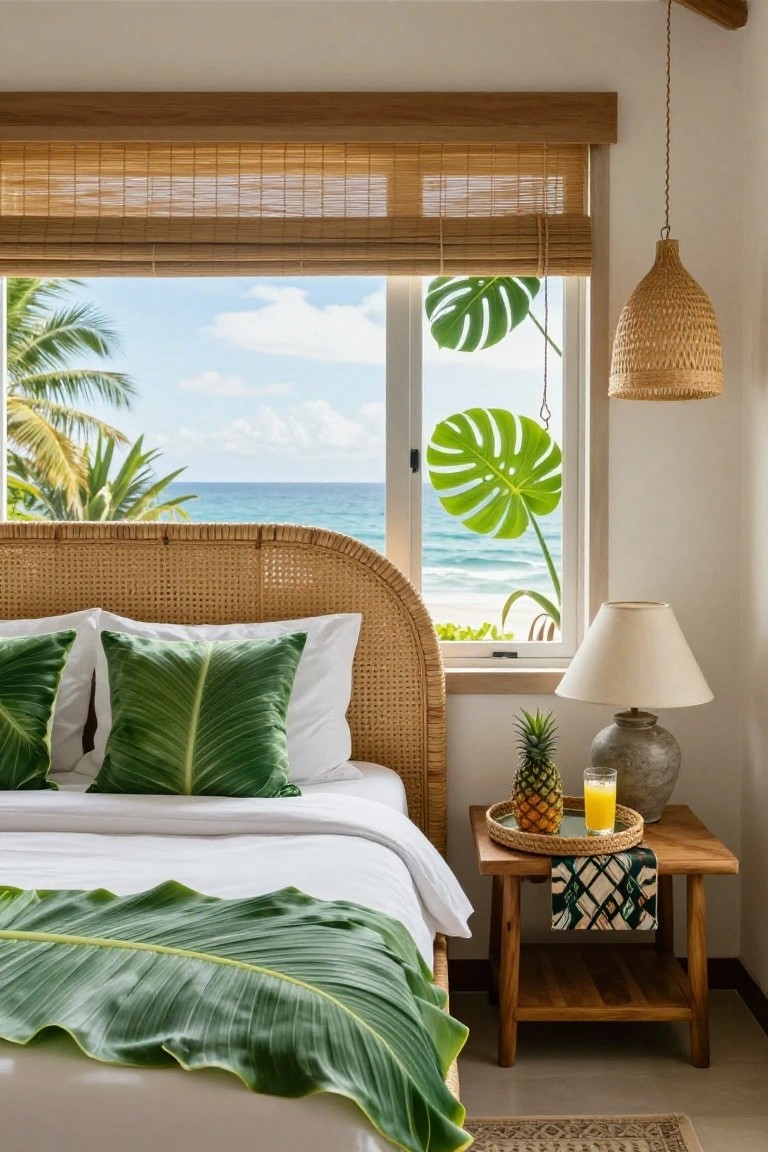 Bedroom interior featuring a rattan headboard bed with white bedding and green leaf-shaped pillows, a monstera plant next to a window with ocean view, and a wooden side table holding a pineapple and orange juice glass.