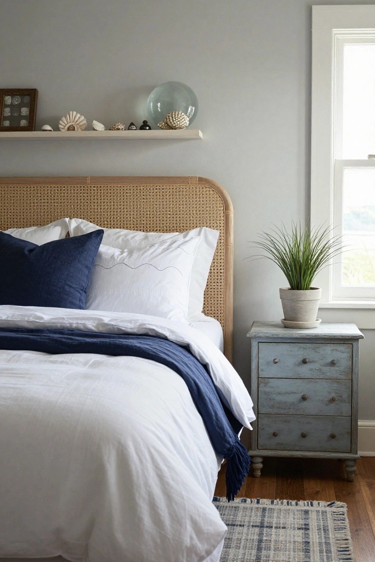 Bedroom interior with rattan cane headboard, white bedding accented by navy pillows and throw, blue distressed nightstand, potted plant, gray walls, and floating shelf with shells and glass orb.