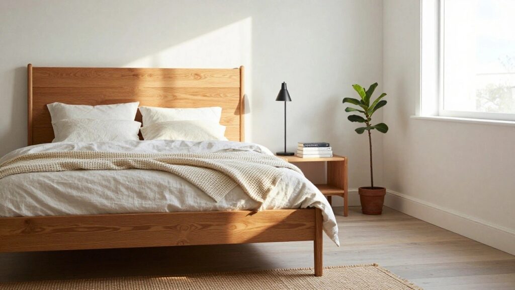 A bedroom with an oak wood platform bed frame, white bedding and pillows, matching wooden nightstand with stacked books, potted fiddle leaf fig plant, black wall lamp, white walls, and windows letting in natural light over light wood floors.