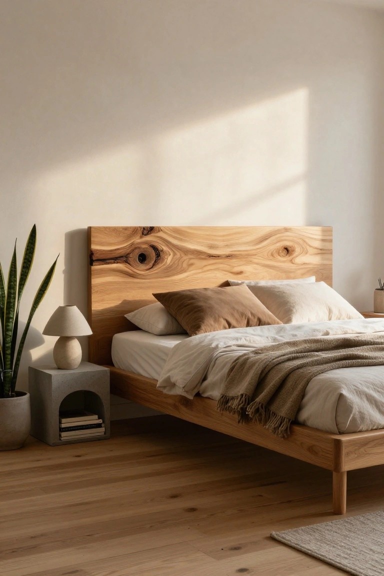 Bedroom with wooden bed frame and live-edge oak headboard featuring prominent knots, white sheets, beige and cream pillows and throw, cream lamp on concrete nightstand with books, potted snake plant, and light wood floors.