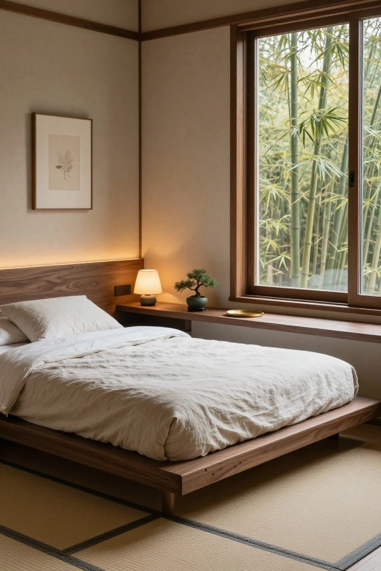 A minimalist bedroom with a low wooden platform bed draped in white linens, built-in wooden headboard shelf holding a lamp and bonsai tree, and a large window showing bamboo outside.