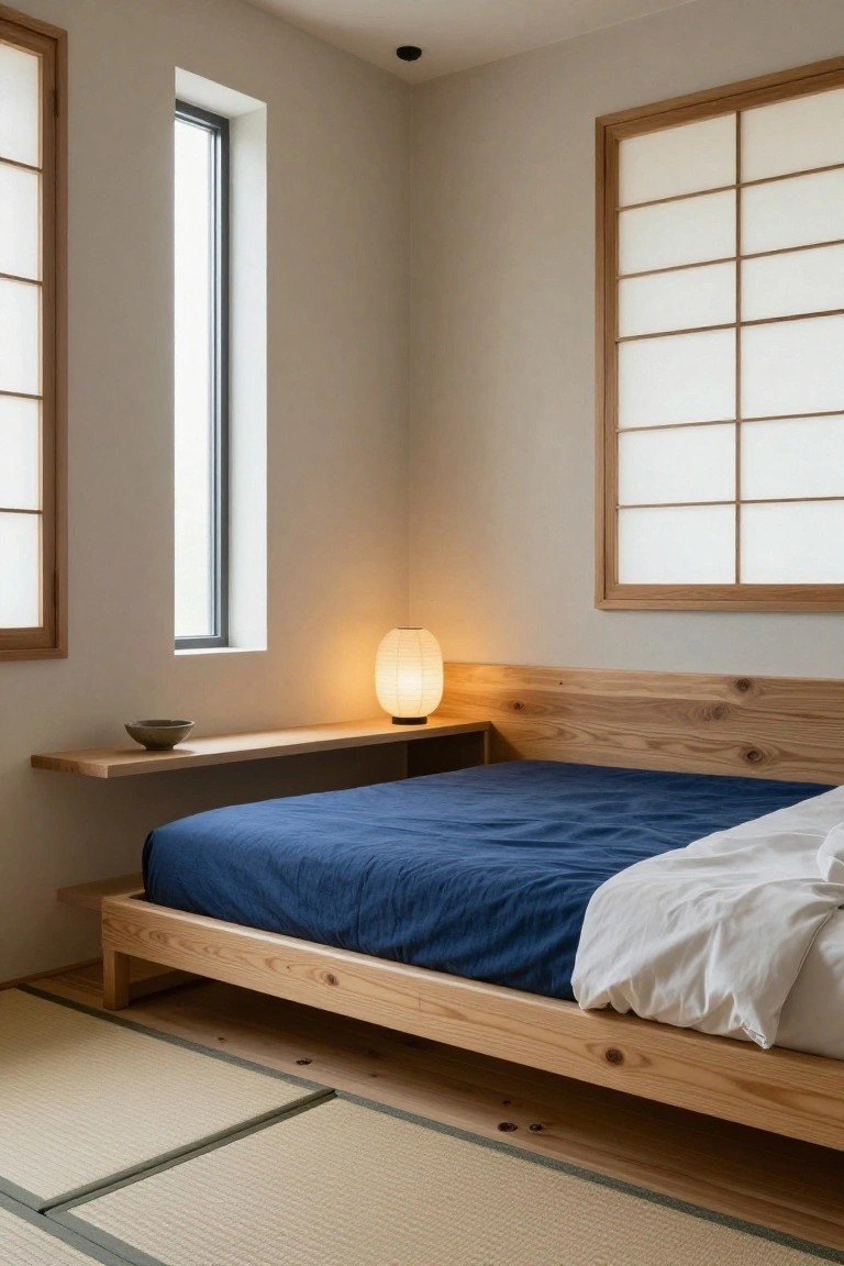 Minimalist bedroom with low wooden platform bed covered in navy blue sheets and white duvet, wooden shelf holding a small ceramic bowl next to a paper lantern lamp, shoji screen windows, and tatami floor mats.
