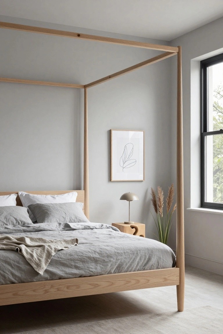 Light oak four-poster bed frame with gray linen bedding and pillows in a gray bedroom, next to a wooden nightstand holding a lamp and pampas grass, beside a black-framed window.