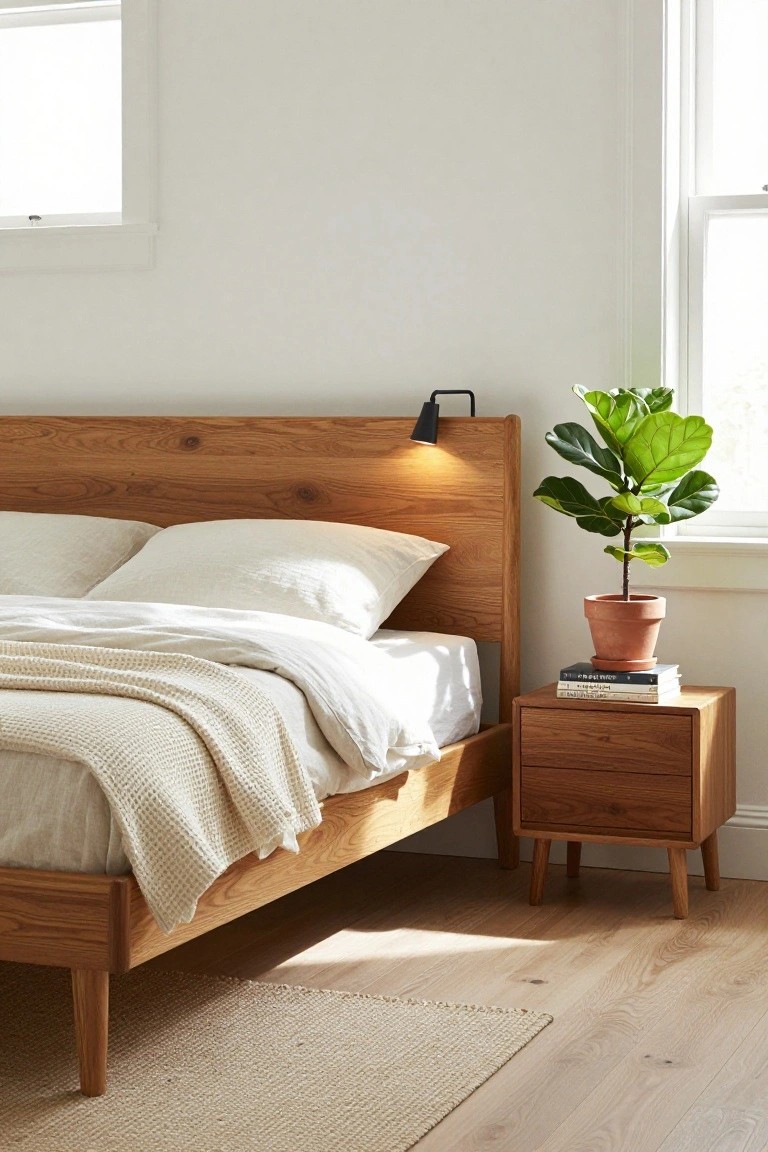 A bedroom with an oak wood platform bed frame, white bedding and pillows, matching wooden nightstand with stacked books, potted fiddle leaf fig plant, black wall lamp, white walls, and windows letting in natural light over light wood floors.