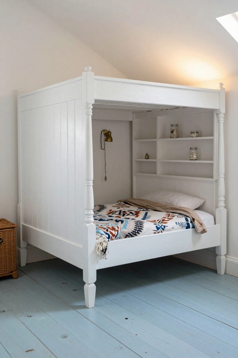 White wooden canopy bed frame with paneled sides, built-in headboard shelving holding jars and shells, colorful quilted bedding, and blue-painted wood floor in an attic bedroom.