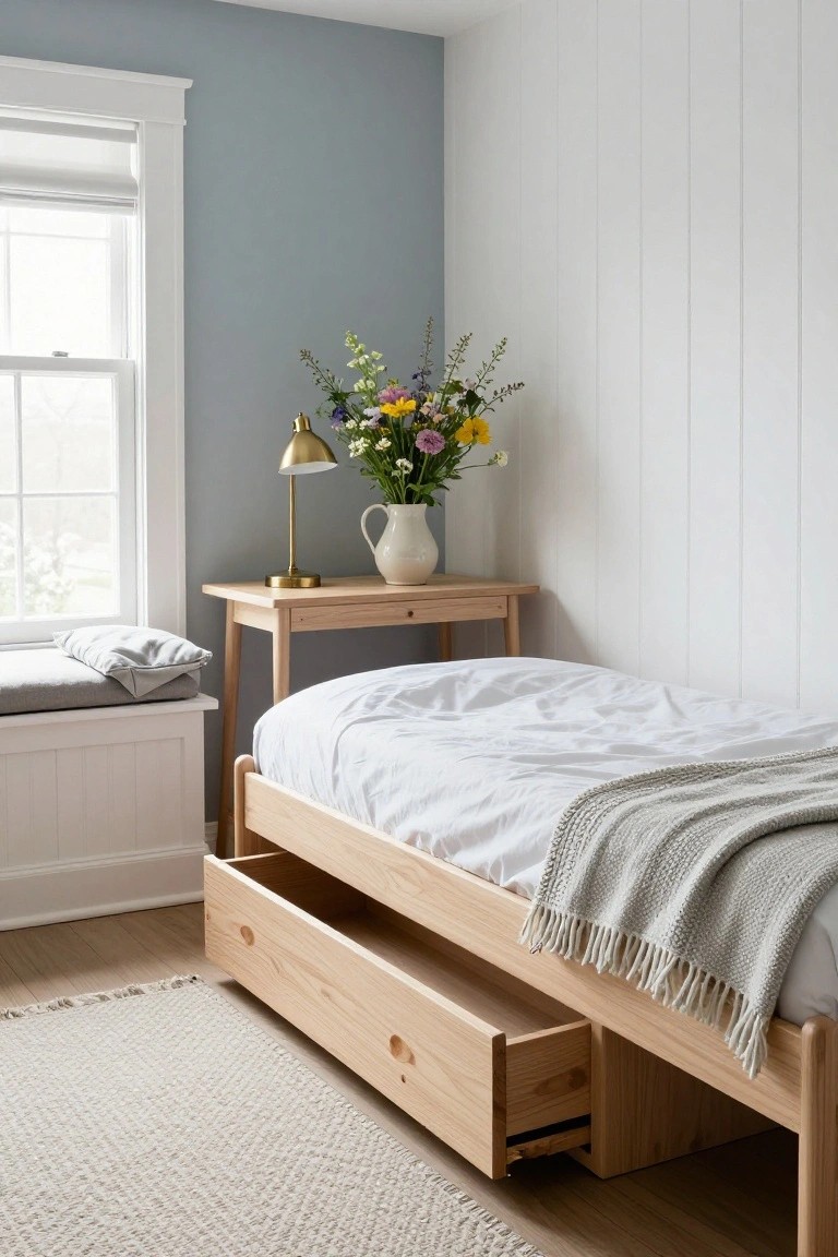 Corner of a light blue and white bedroom with a pine wood bed frame featuring two open under-bed drawers, a wooden desk with gold lamp and vase of flowers, window bench, and neutral rug.
