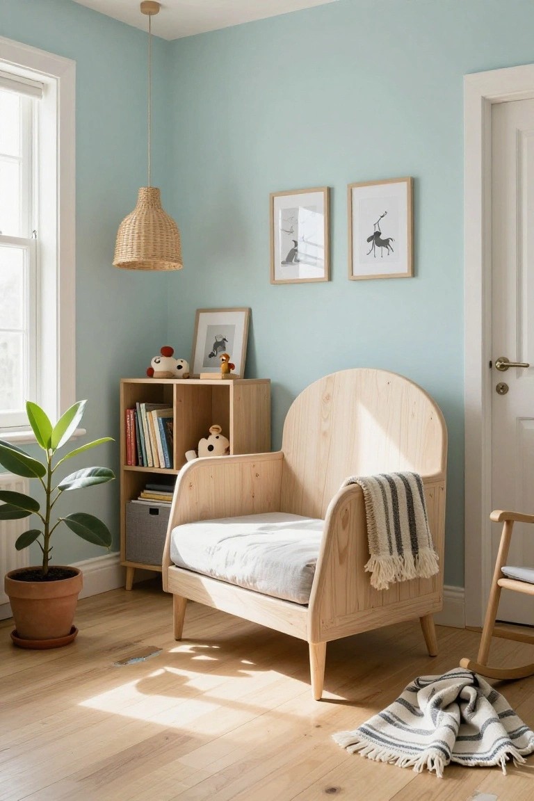 Child's bedroom corner with curved light wood bed frame holding white cushions and gray striped blanket, wooden shelves stocked with toys and books, potted plant in terracotta pot, seagrass pendant lamp, and framed black-and-white animal prints on pastel blue walls.