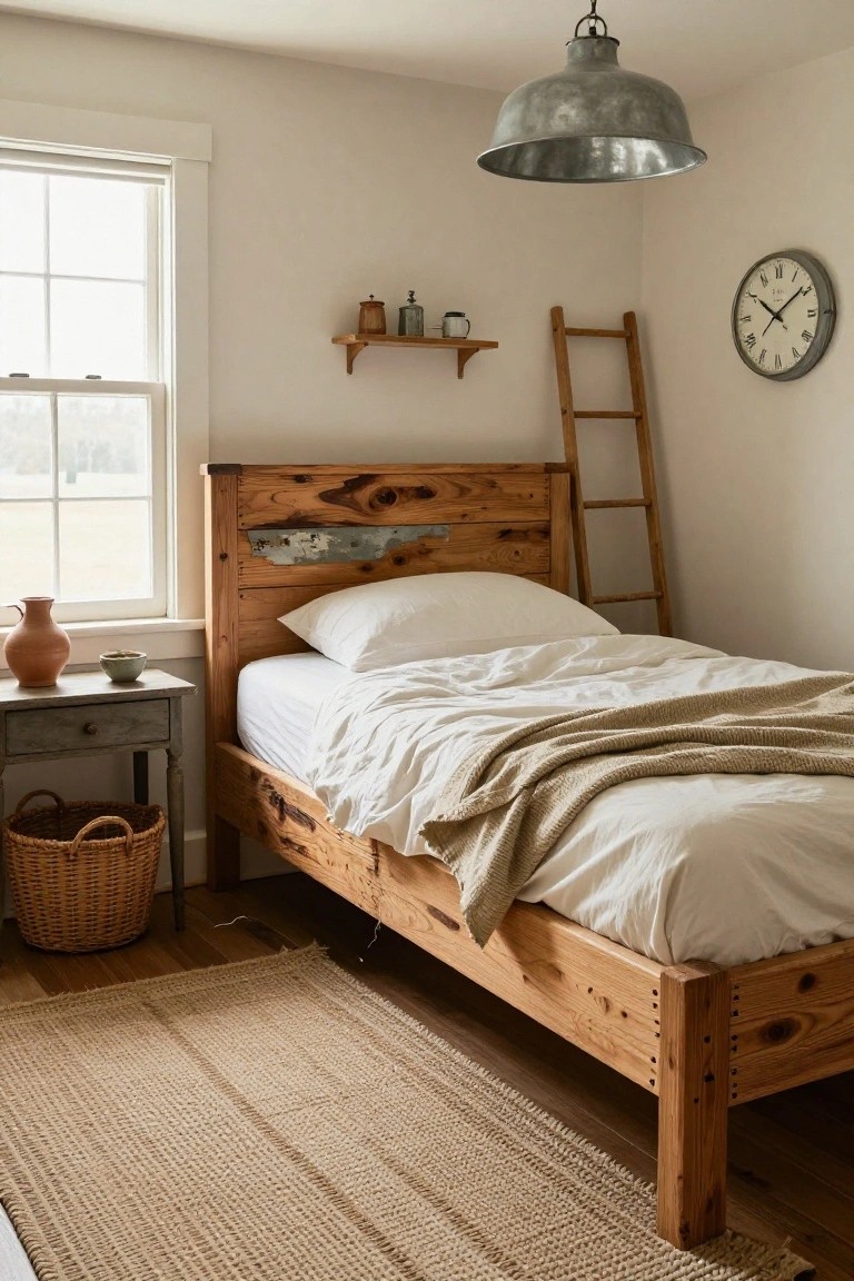 Cozy bedroom with a wooden bed frame featuring reclaimed planks and a rusted metal insert in the headboard, white bedding draped over it, a ladder against the wall, side table with vase and basket, window with view outside, and beige rug on wood floor.