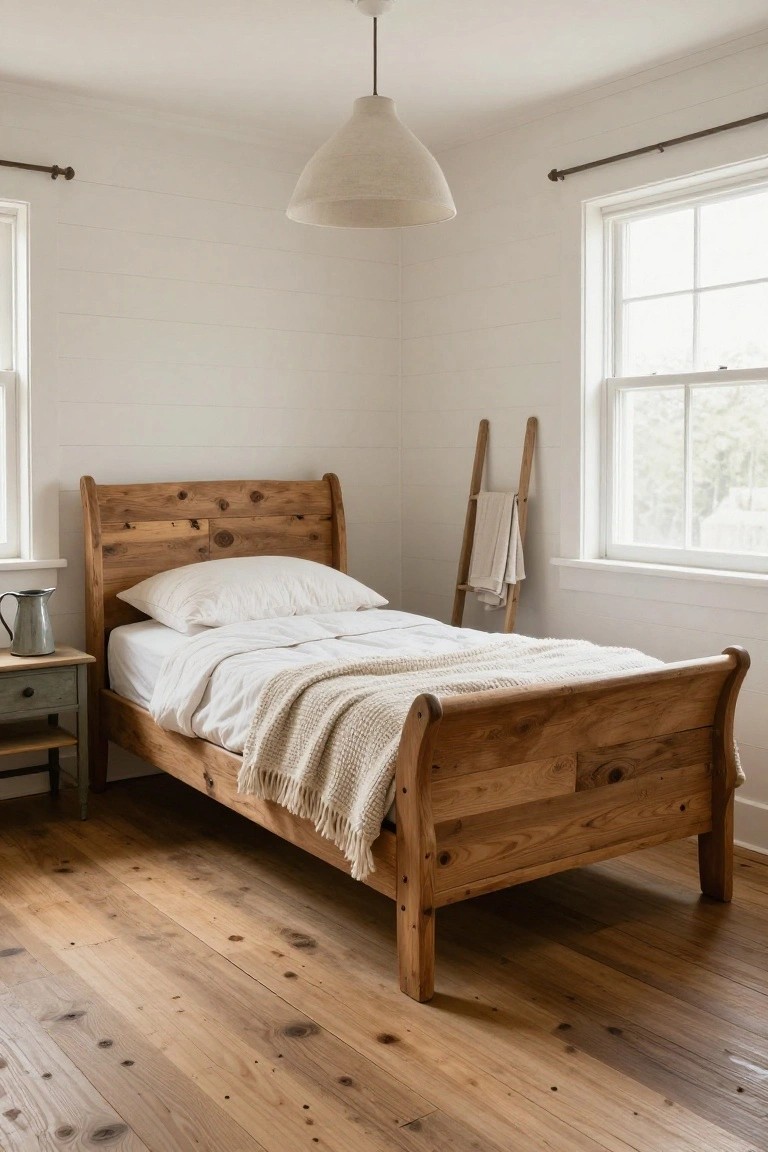 A single wooden sleigh bed frame with curved headboard and footboard, white bedding, and a gray knit throw in a white-walled bedroom corner with wood floors, a small nightstand, wooden ladder holding towels, and two large windows.