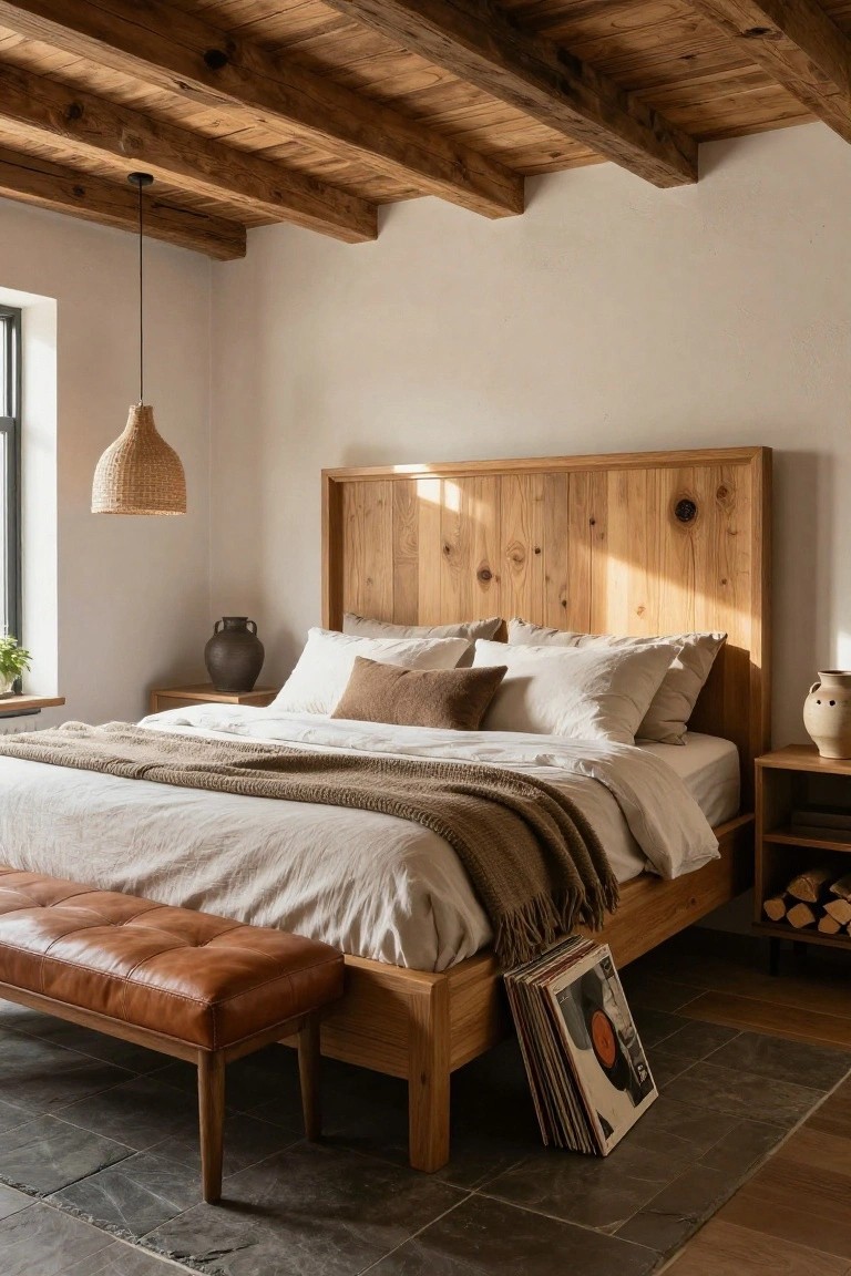Bedroom with exposed wooden ceiling beams, rattan pendant light, tall wooden bed frame with knotty headboard and neutral linens, brown leather bench at foot, side tables holding pottery vases and firewood stacks on dark slate floor.