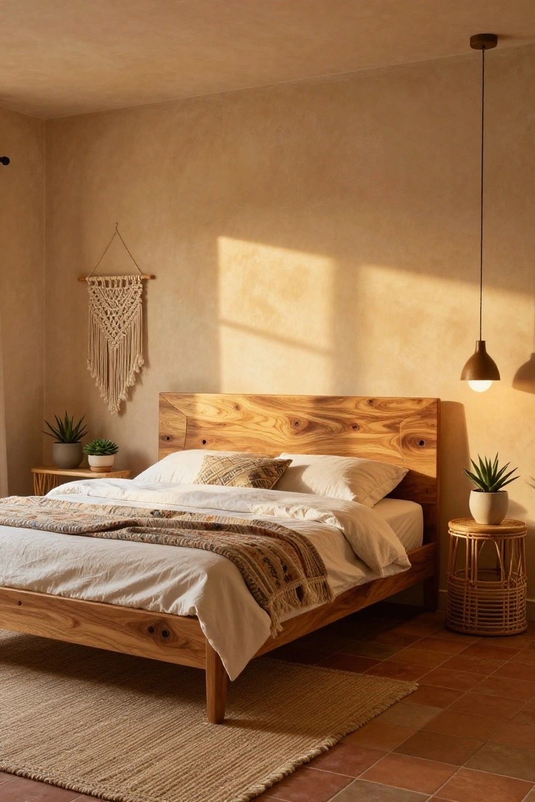 Bedroom with wooden bed frame, white bedding, patterned pillows and throw, potted plants on side tables, macrame wall hanging, pendant lights, jute rug on terracotta tile floor.