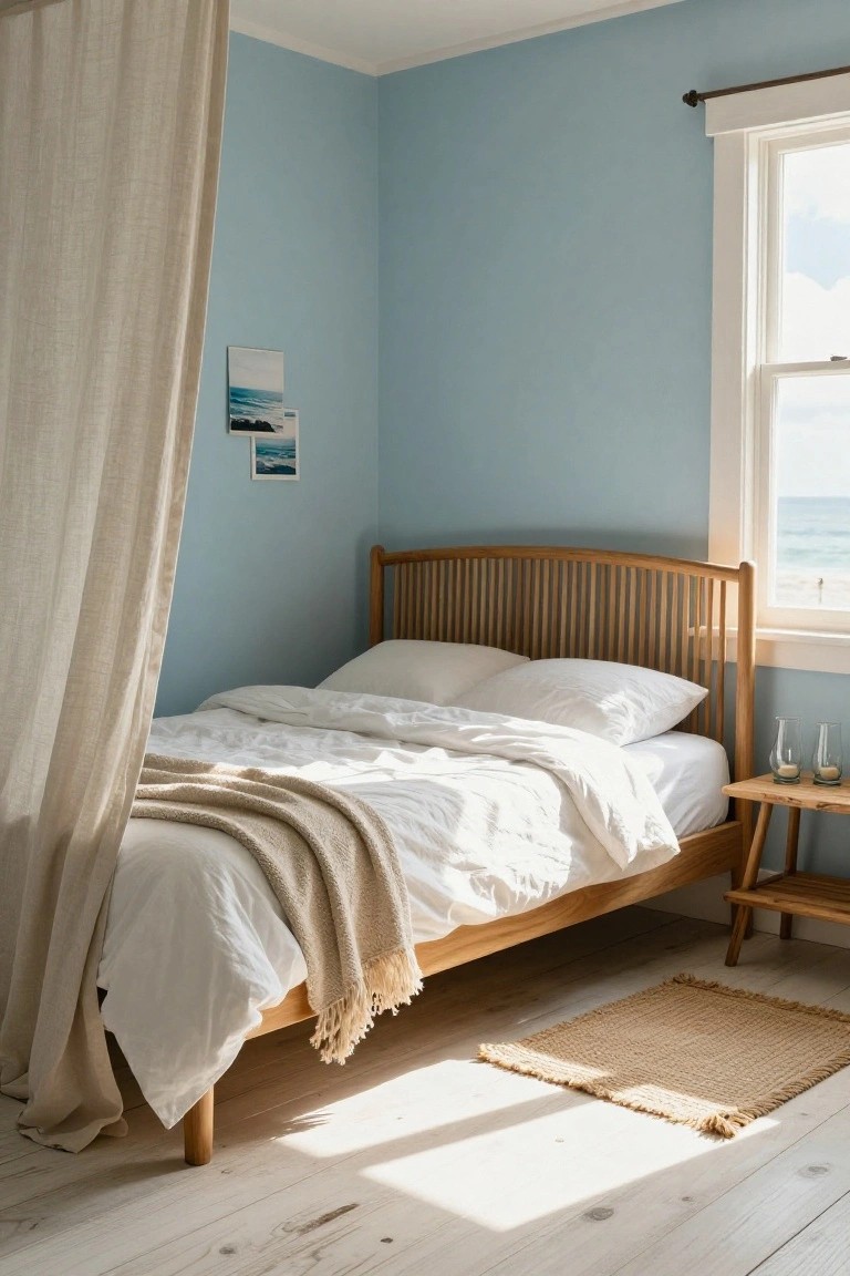 Bedroom interior with light blue walls, slatted wooden bed frame, white bedding with beige throw, sheer curtains, wooden side table with glass candle holders, and window showing ocean view.