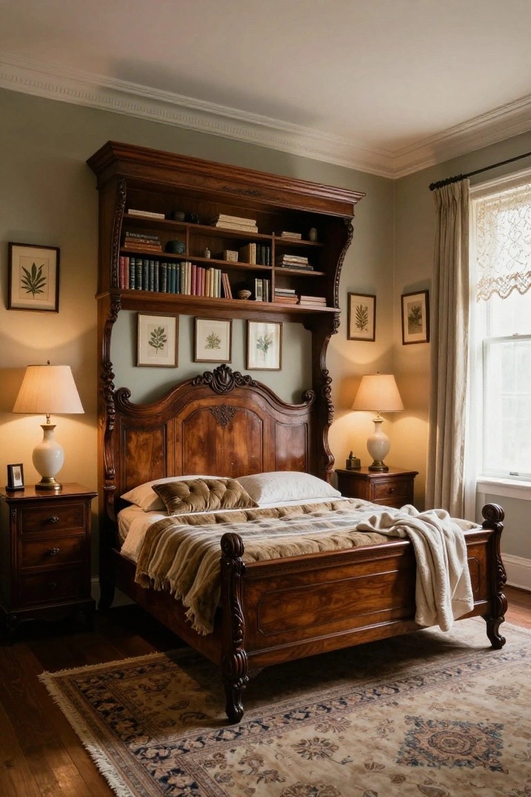 A bedroom with a large ornate wooden bed frame featuring built-in bookshelves in the tall headboard, flanked by wooden nightstands with lamps, botanical prints on walls, sage green paint, and a patterned rug on hardwood floors.