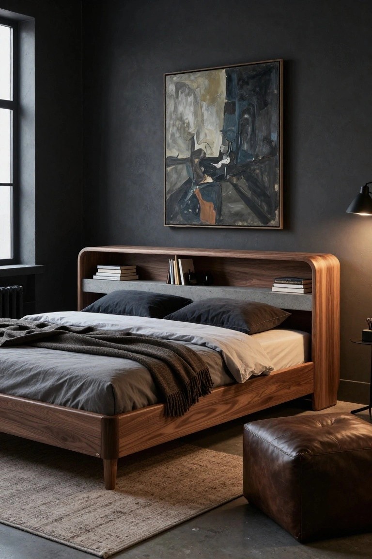 Modern wooden bed with dark bedding beneath abstract wall art.