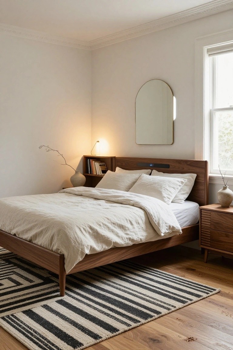 Bedroom corner with a low walnut wood bed frame topped by white linen bedding and pillows, headboard shelf holding books, adjacent nightstand with vase, arch mirror on wall, and black-and-white striped rug on hardwood floor.