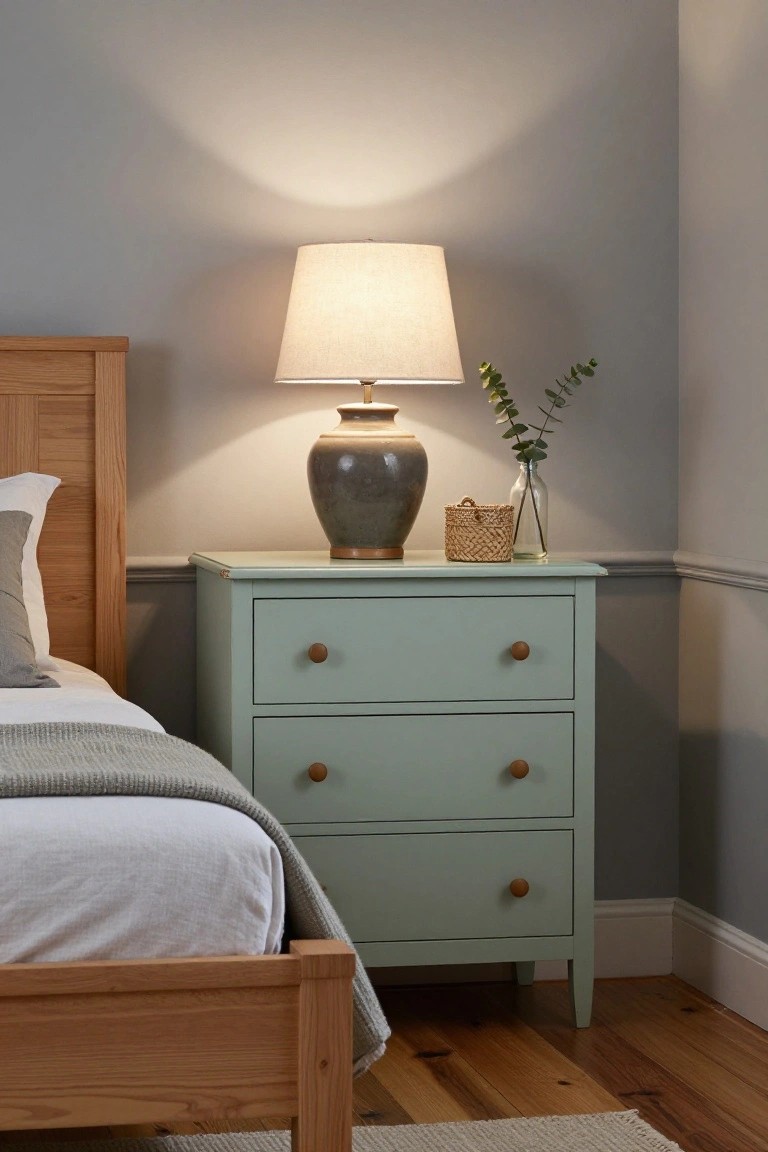 Corner of a bedroom with an oak wood bed frame, mint green three-drawer dresser topped with a ceramic lamp, eucalyptus sprig in glass vase, and woven basket, against gray walls and hardwood floors.
