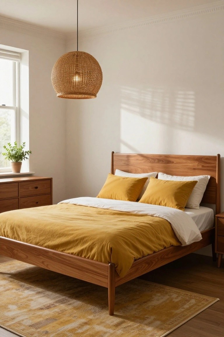 Bedroom with wooden bed frame and headboard, yellow and white bedding, rattan pendant light, wooden dresser, potted plant on windowsill, beige rug, and hardwood floors