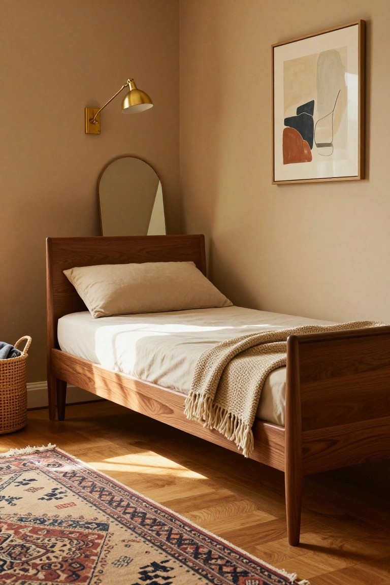 Corner of a bedroom with a low wooden bed frame holding white sheets and pillow, beige knit throw, brass wall lamp, abstract framed art, arched mirror, wicker basket with laundry, and patterned rug on hardwood floor.
