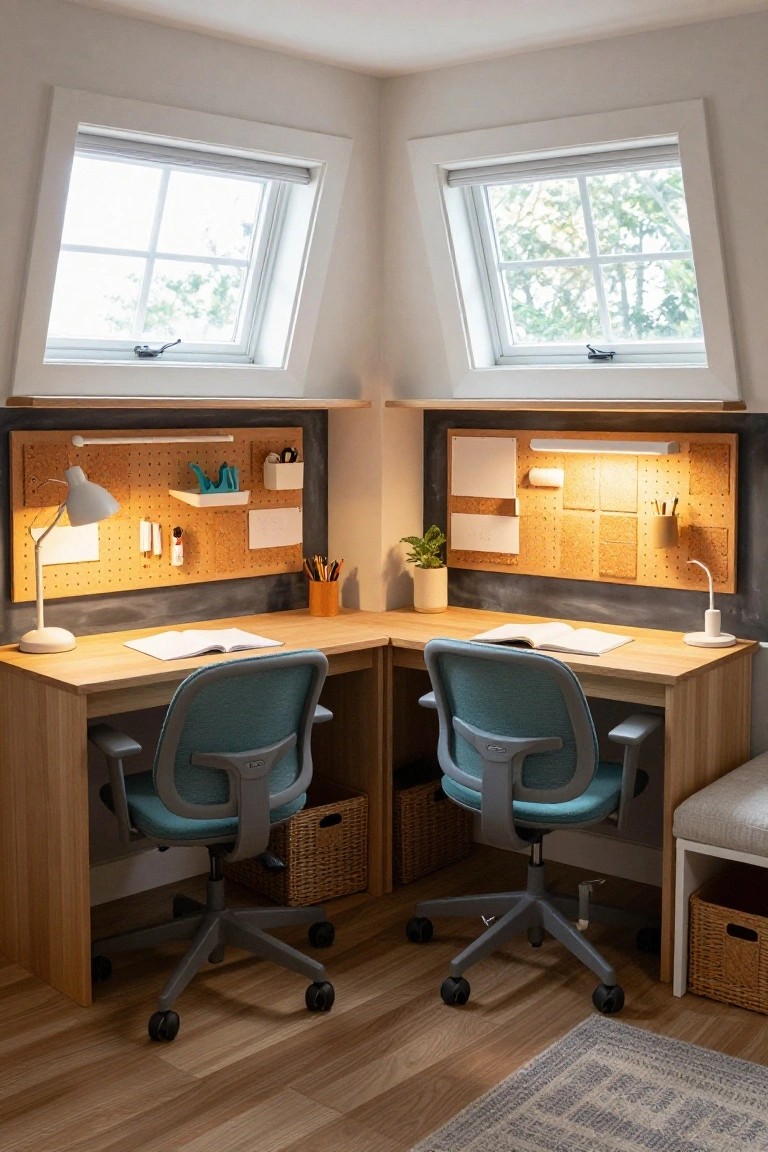 Corner attic office setup with two light wooden desks, teal ergonomic chairs, corkboard wall organizers, slanted windows, and woven baskets on a wood floor.