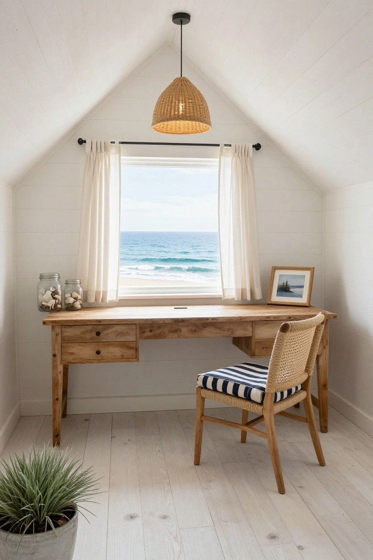 Attic office room with sloped white ceiling, wooden desk positioned under a large window showing ocean waves and beach, rattan chair with striped cushion, jars of seashells on desk, framed picture, potted plant on floor, and whitewashed wood floors.