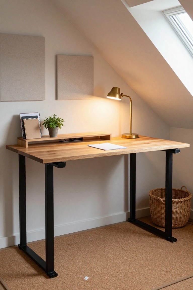 Wooden height-adjustable desk with black metal legs and a wooden shelf on top, positioned in an attic room under a sloped ceiling with skylight, gold desk lamp, plant, notebooks, and wicker basket nearby.