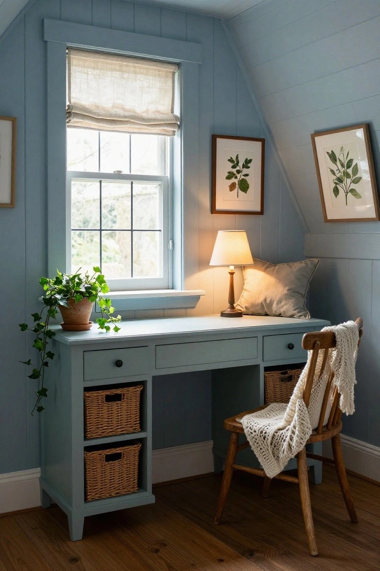 Attic office corner featuring light blue shiplap walls on sloped ceiling, wooden desk with wicker basket drawers and terracotta ivy plant, window with linen roman shade, brass lamp, botanical prints, and wooden chair draped with white knit throw on hardwood floor.