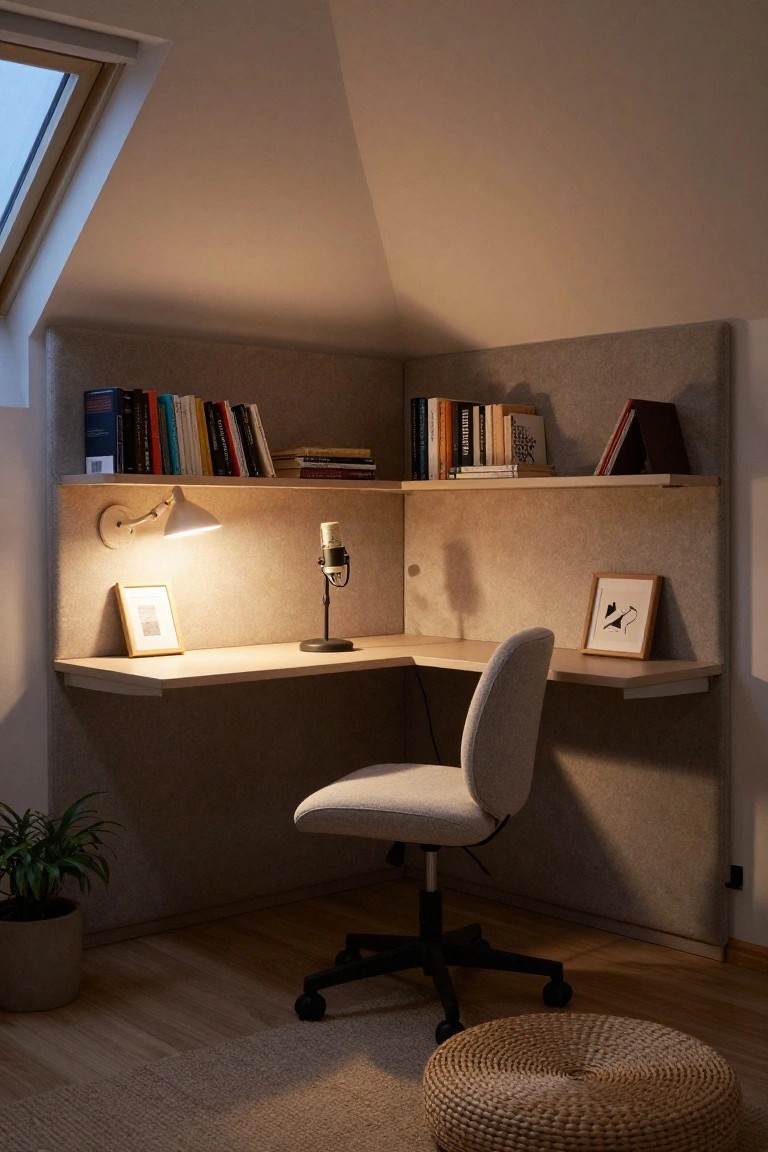 Attic office corner with light wood floating shelves holding books, L-shaped desk with microphone stand and lamp, white fabric chair, potted plant, and woven pouf on wood floor.