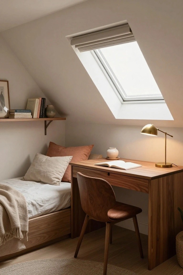Cozy attic nook with wooden desk, chair, bed, and skylight.