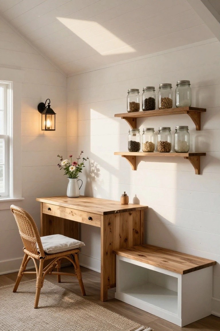 Attic office nook featuring a wooden desk with drawers, rattan chair, attached wooden bench with open storage, floating wooden shelves with glass jars of beans and nuts, white shiplap walls, skylight, wall lantern, and vase of flowers on the desk.