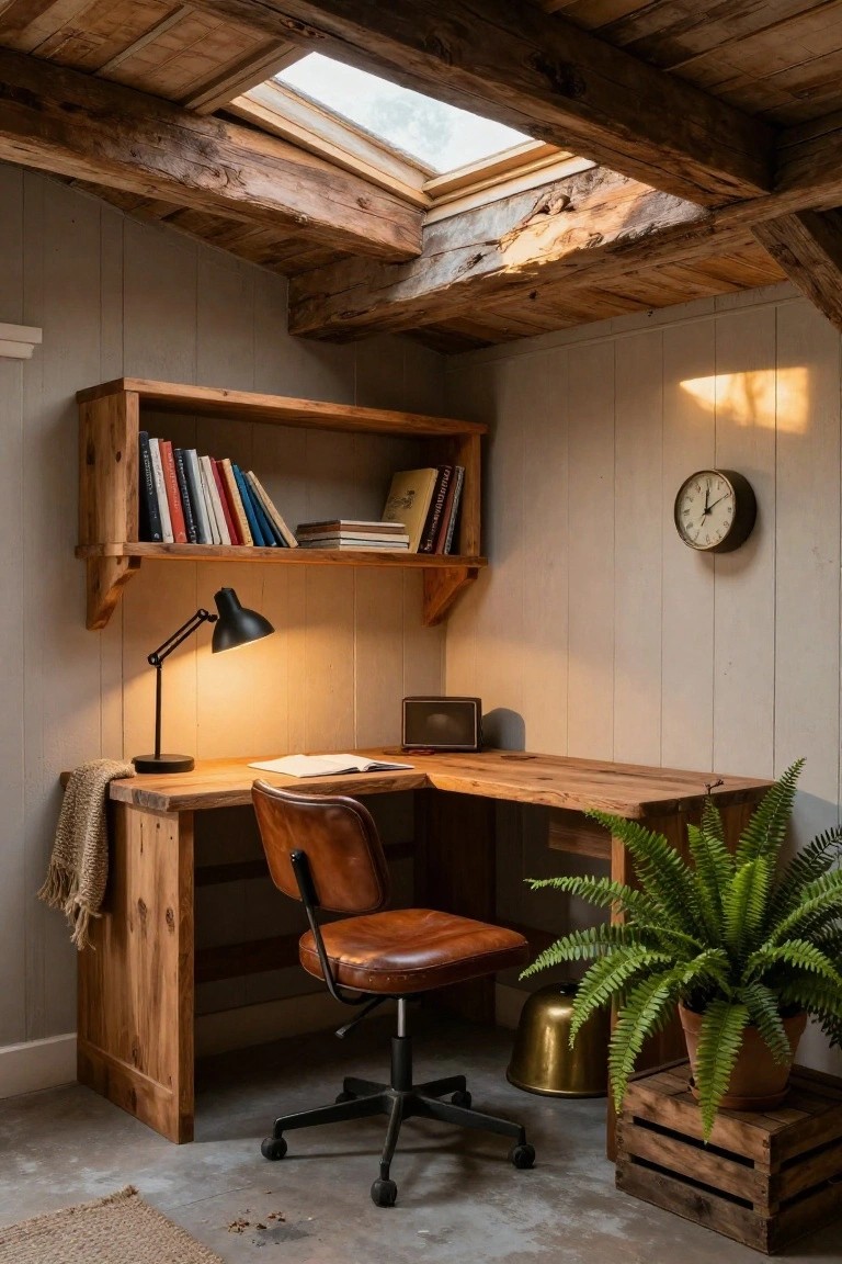 Small attic office with exposed wooden beams and skylight, wooden L-shaped corner desk, brown leather swivel chair, black desk lamp, books on wall shelves, wall clock, fern plant in terracotta pot, brass bucket, and wooden crate on concrete floor.