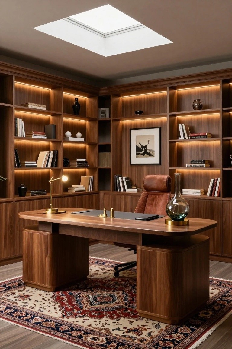 Corner attic office featuring floor-to-ceiling wooden built-in bookshelves and cabinets, curved walnut desk with gold desk lamp, red leather chair, skylight in ceiling, glass vases, and patterned rug on wood floor.