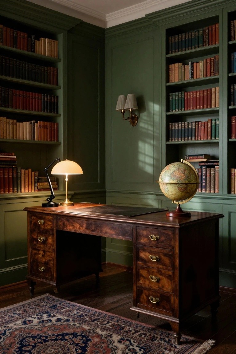 Green paneled office with floor-to-ceiling bookshelves, antique wooden desk, globe, desk lamp, wall sconce, and Persian rug on wood floor.